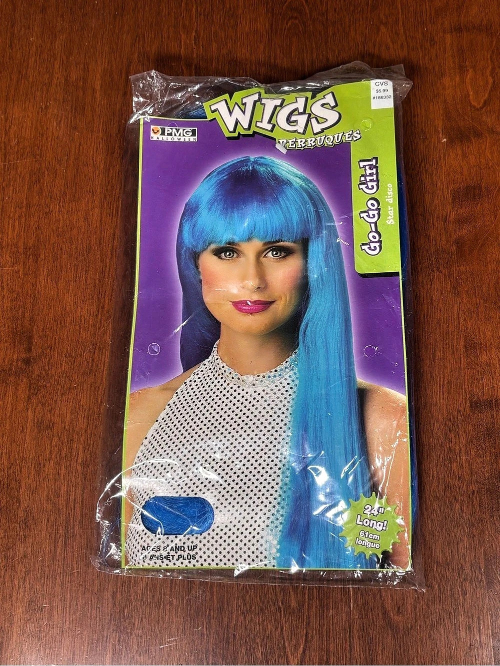 NIP Vintage Y2K Deadstock Electric Blue Go-Go Girl Wig 24”